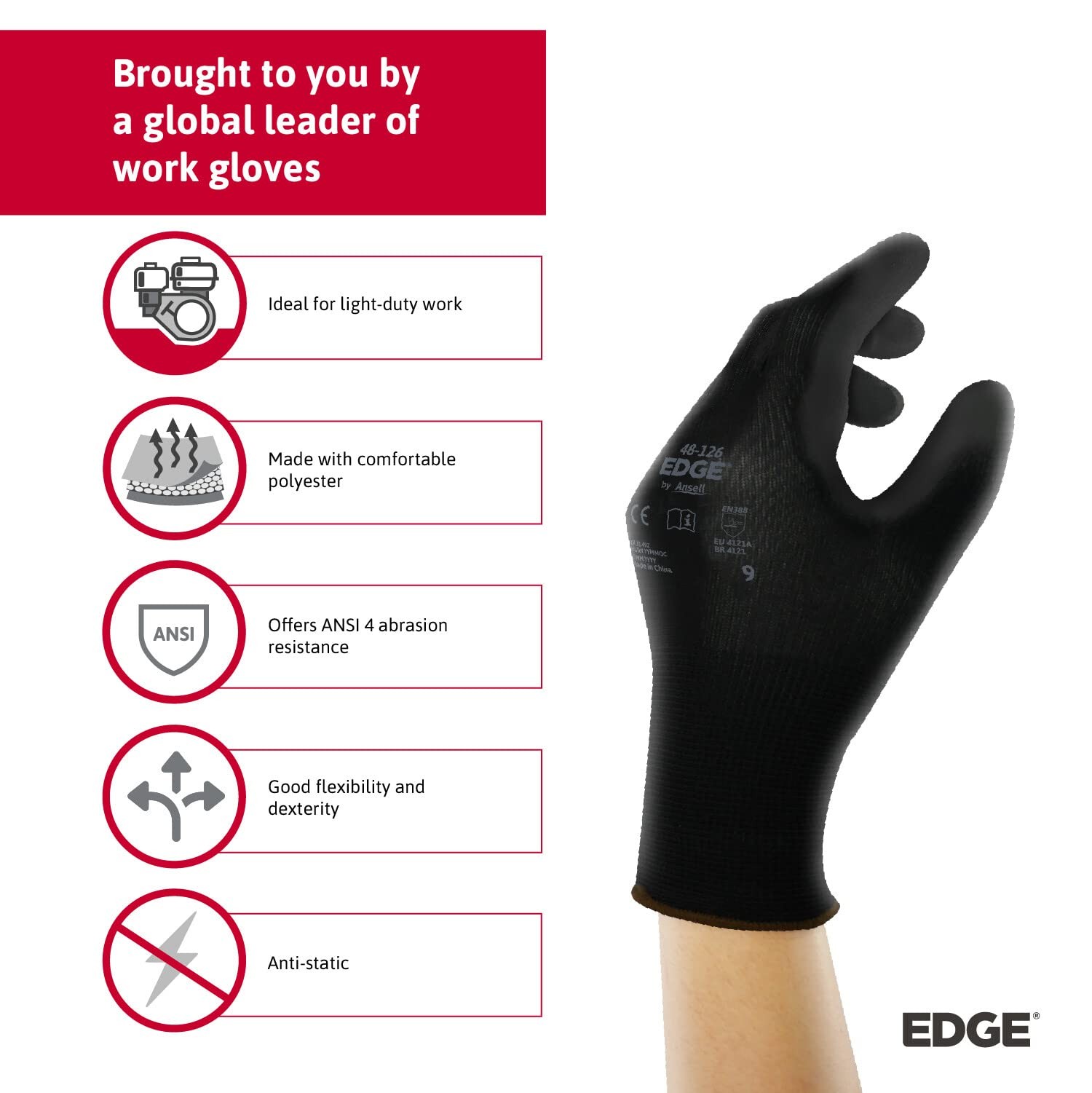 Ansell EDGE 48-126 Abrasion-Resistant Industrial Seamless Gloves w/Knitted Liner