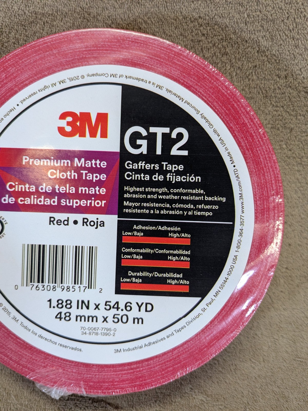 (1 ROLL) 3M Gaffers Tape RED 2″ x 54.6 YD GT2 Premium Matte Cloth – NEW