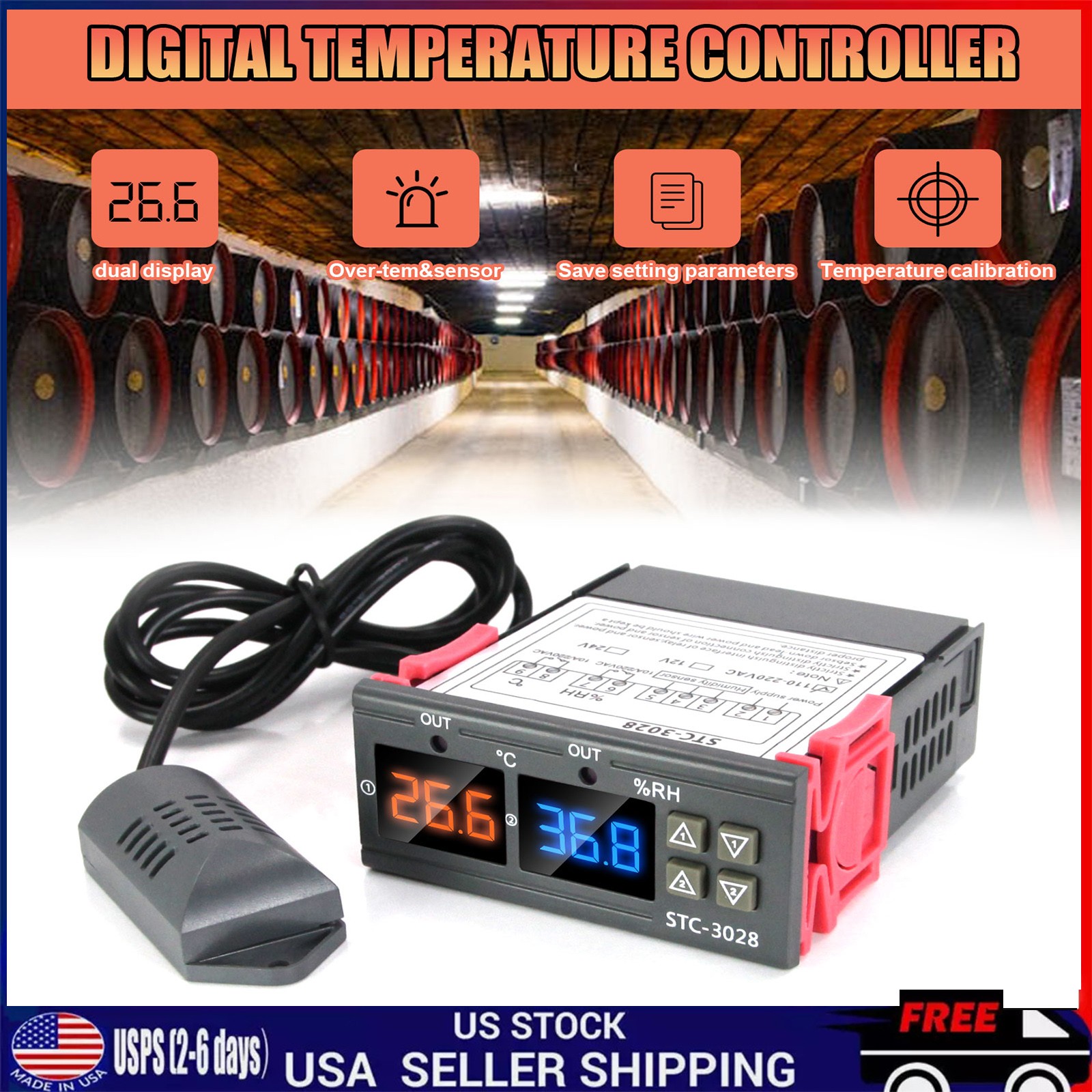 STC-3028 Dual LCD Digital Thermostat Temperature Humidity Controller AC110-220V