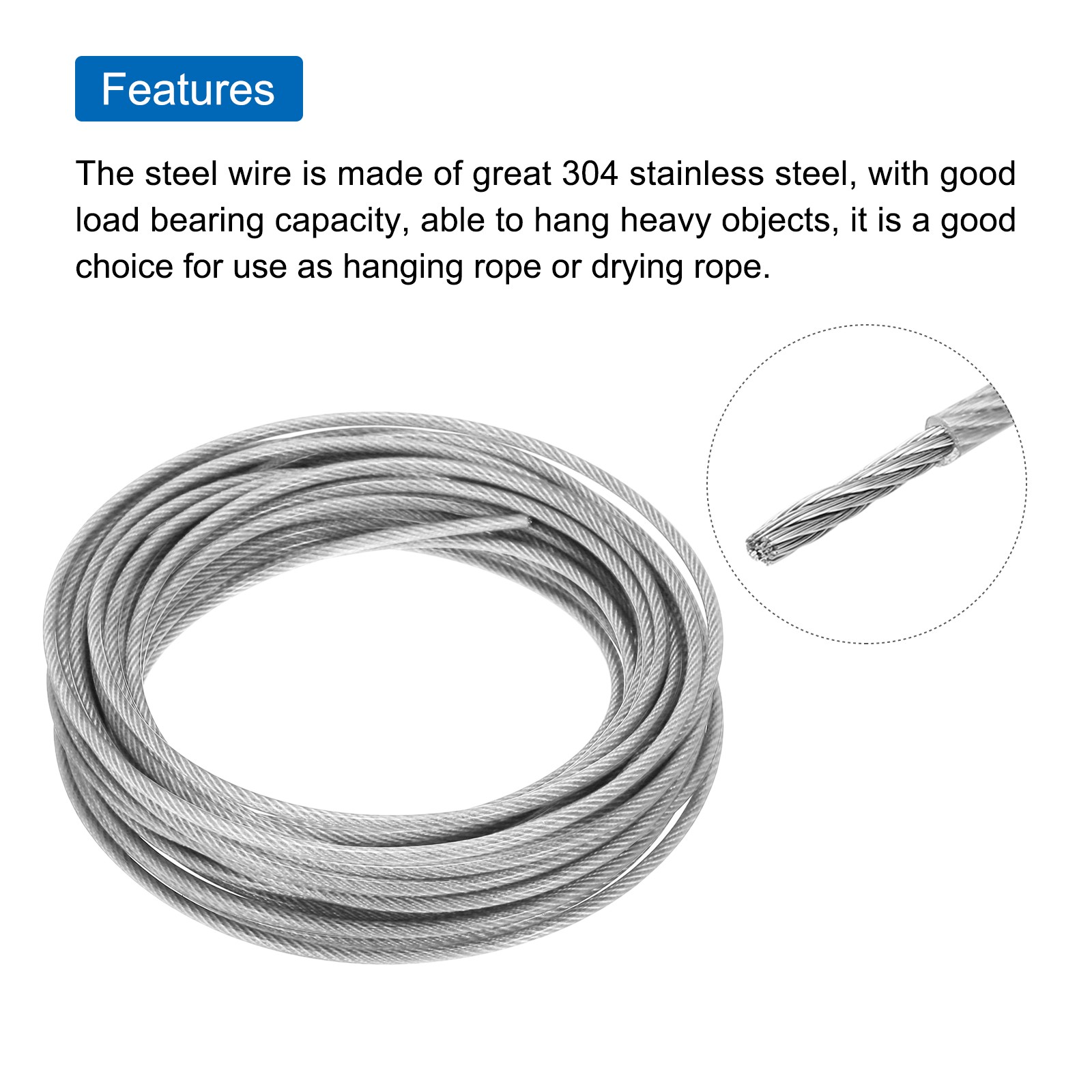 33Ft(10m) Wire Rope 1/8″(3mm) with 4Pcs Aluminum Sleeves Transparent