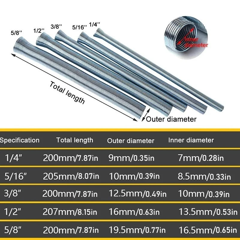 5pcs ≈21cm Spring Bending Tube Pipe Bender 1/4″ 5/16″ 3/8″ 1/2″ 5/8″ Silver Set