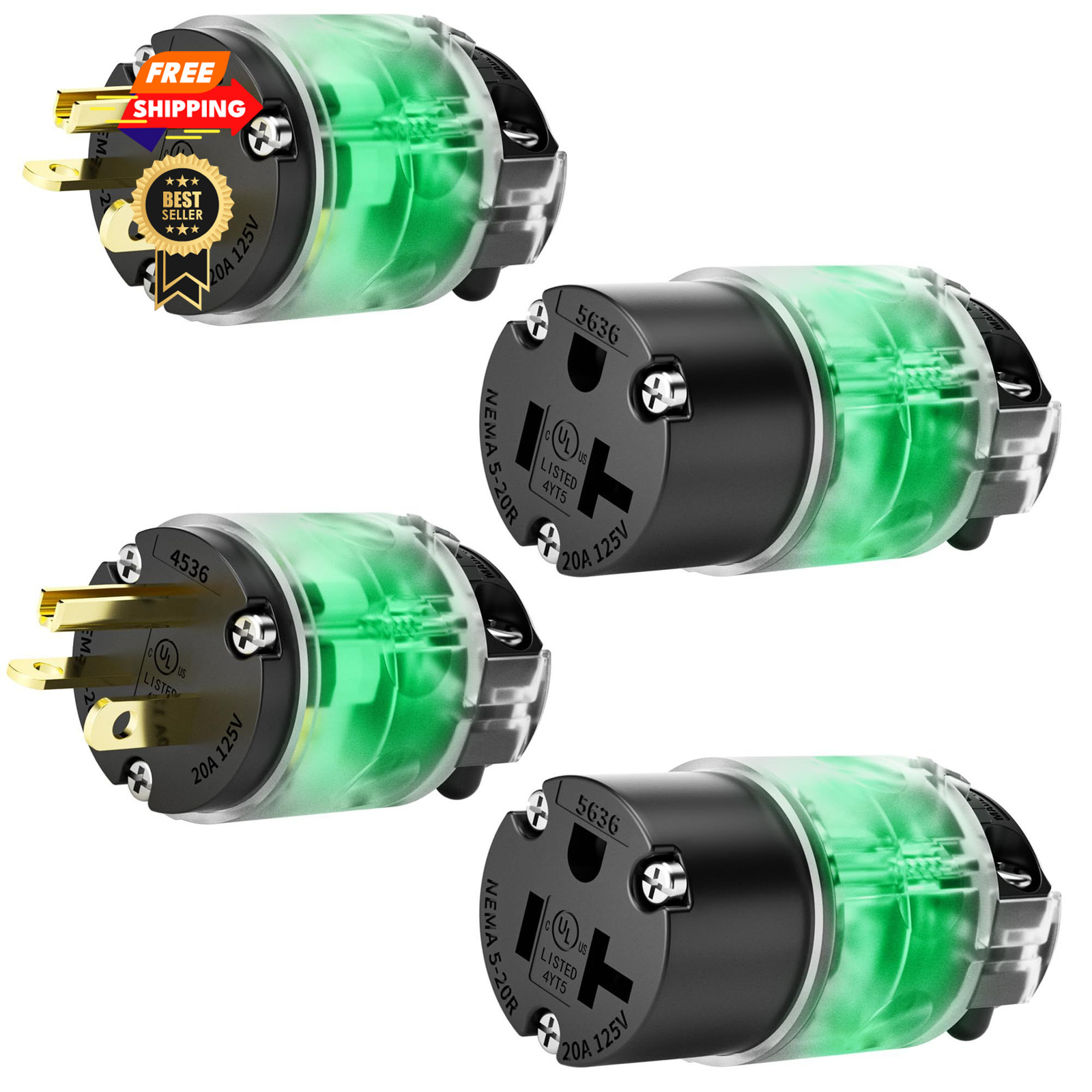 EPLESFTON 2 Set Lighted Cord End Replacement 20A 125V NEMA 2, Yellow