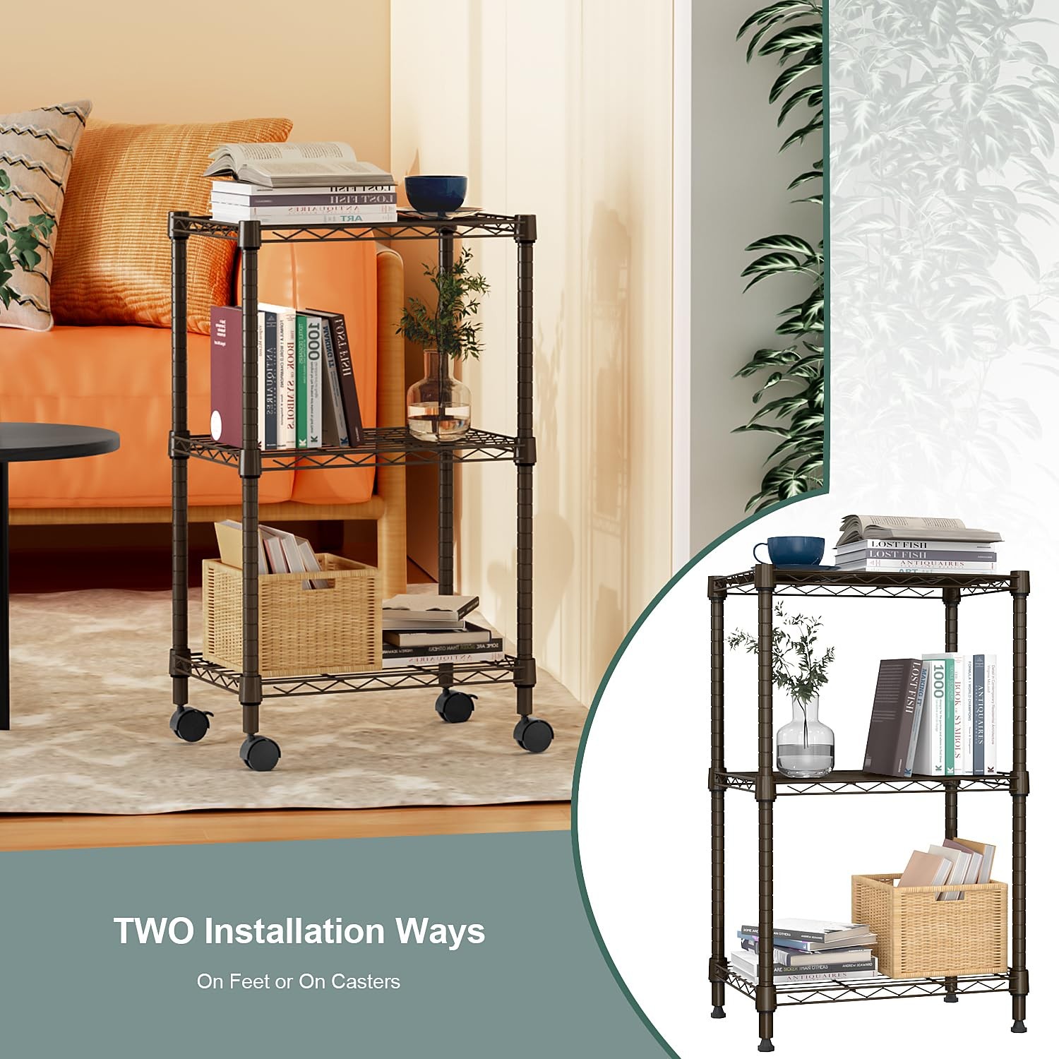 M MZG 3 Tier Shelf Metal Storage 3 tier, 11.8″ D x 17.7″ W x 29.8″ H, Brown