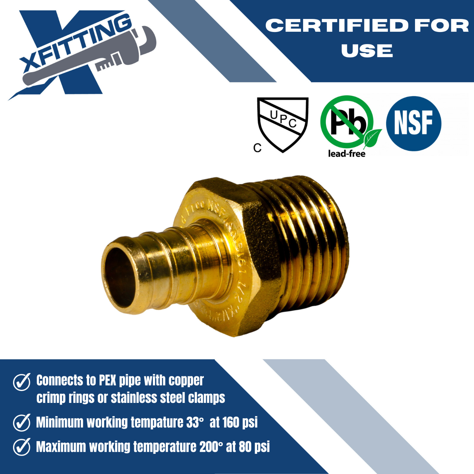 100 PCS. 1/2″ PEX X 1/2″MALE NPT THREADED ADAPTER-BRASS CRIMP FITTING LEAD FREE