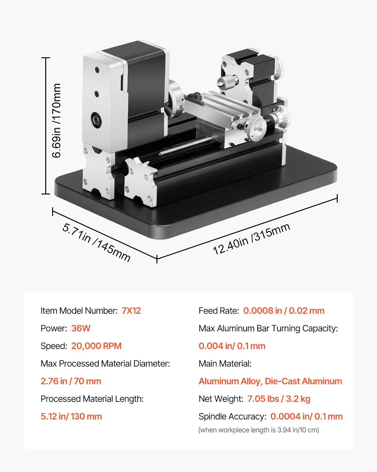 VEVOR Mini Metal Lathe Machine 2.76 x 5.12 in Power Metal Lathe 20,000 RPM 36W