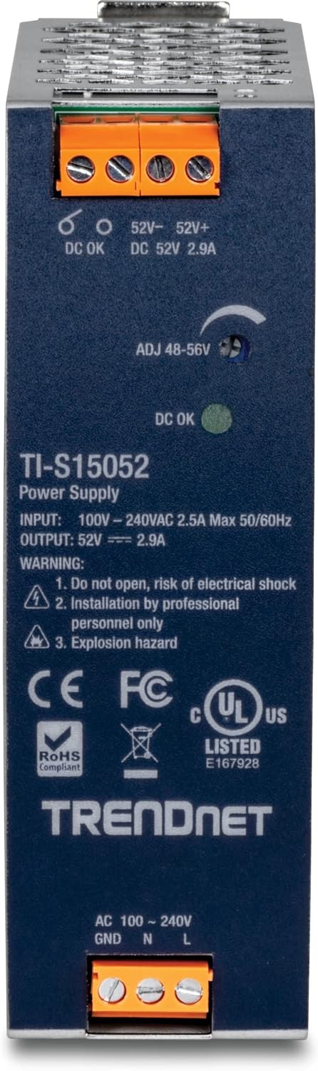 TRENDnet TI-S15052, 150W, 52V DC, 2.89A AC to DC DIN-Rail Power Supply with PFC