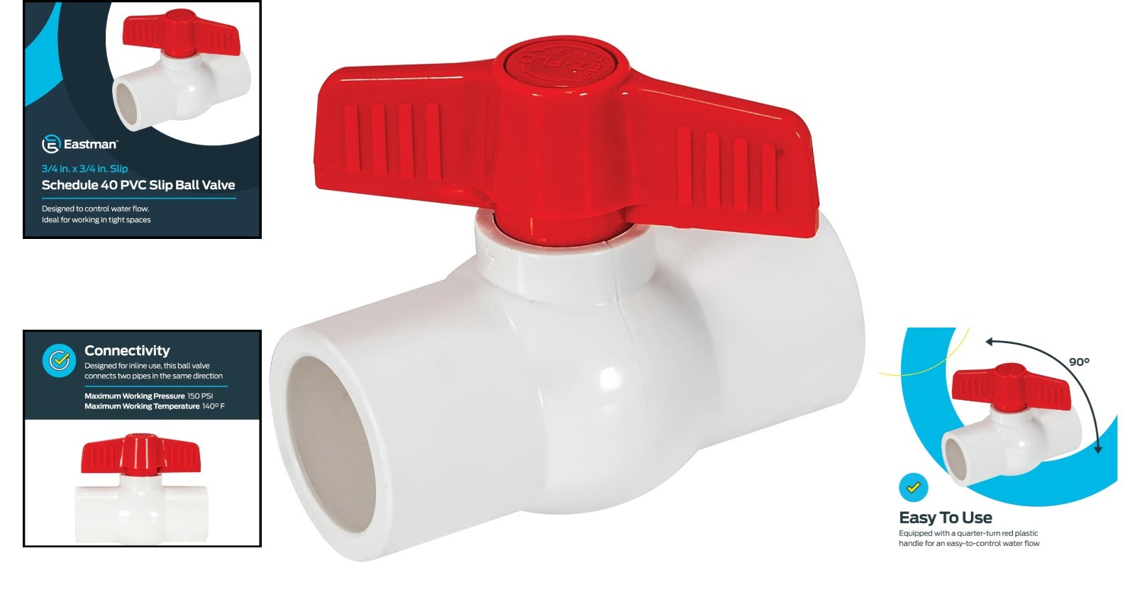 Compact 3/4″ PVC Ball Valve with Slip Connections – 150 PSI Maximum Performance
