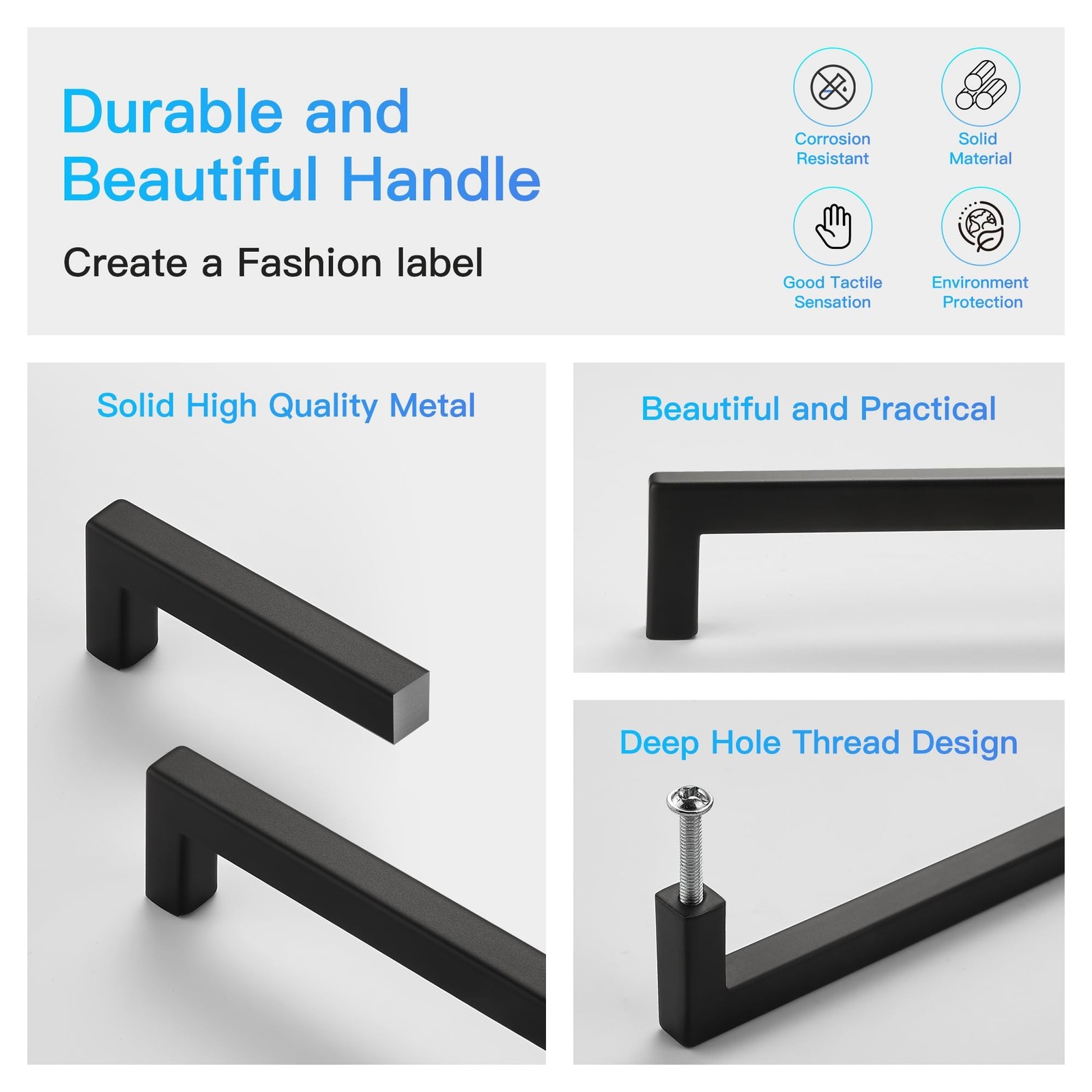 10 Pack Soild 3-3/4in(96mm) Black Cabinet Handles Square Matte Black Cabinet …