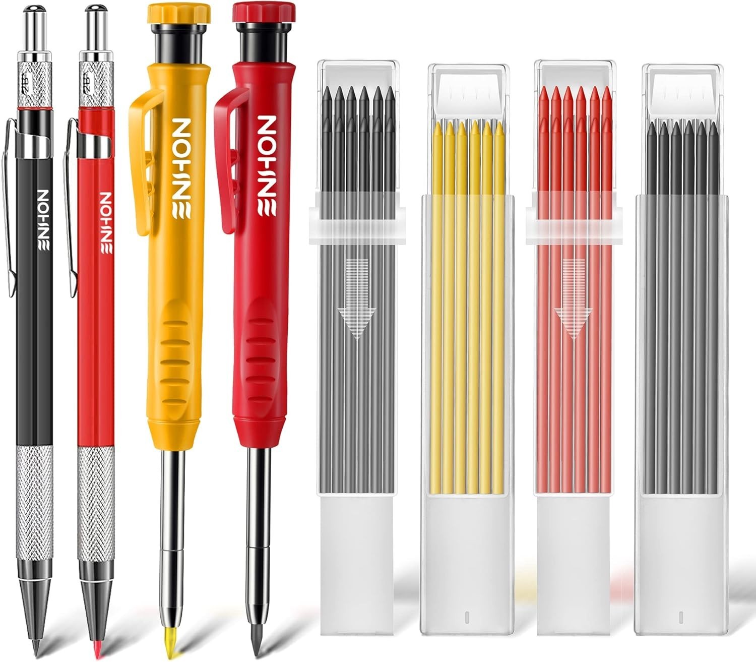 4 Pack Carpenter Pencil Set with Sharpener, Black/Red/Yellow | 45mm Deep- Tip…