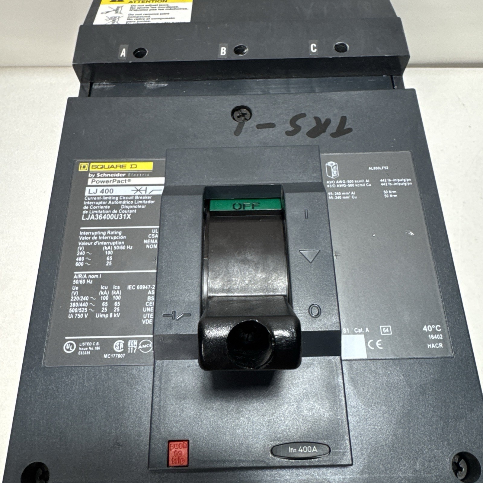 SQUARE D LJA36400U31X LJA I-LINE 3 POLE 400 AMP 480v 65KAIC POWERPACT BREAKER