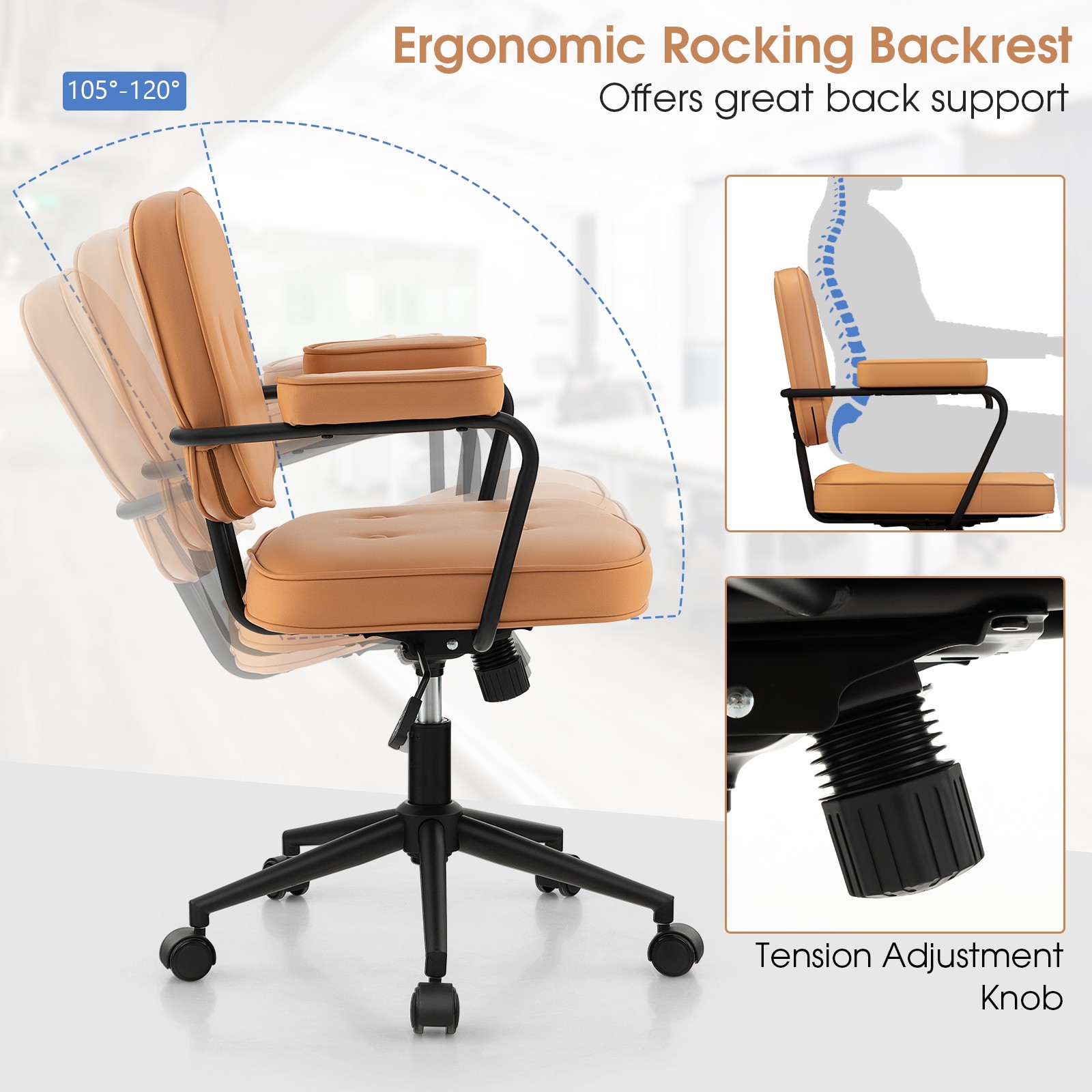 Costway PU Leather Office Chair Adjustable Swivel Leisure Desk Chair w/ Armrest