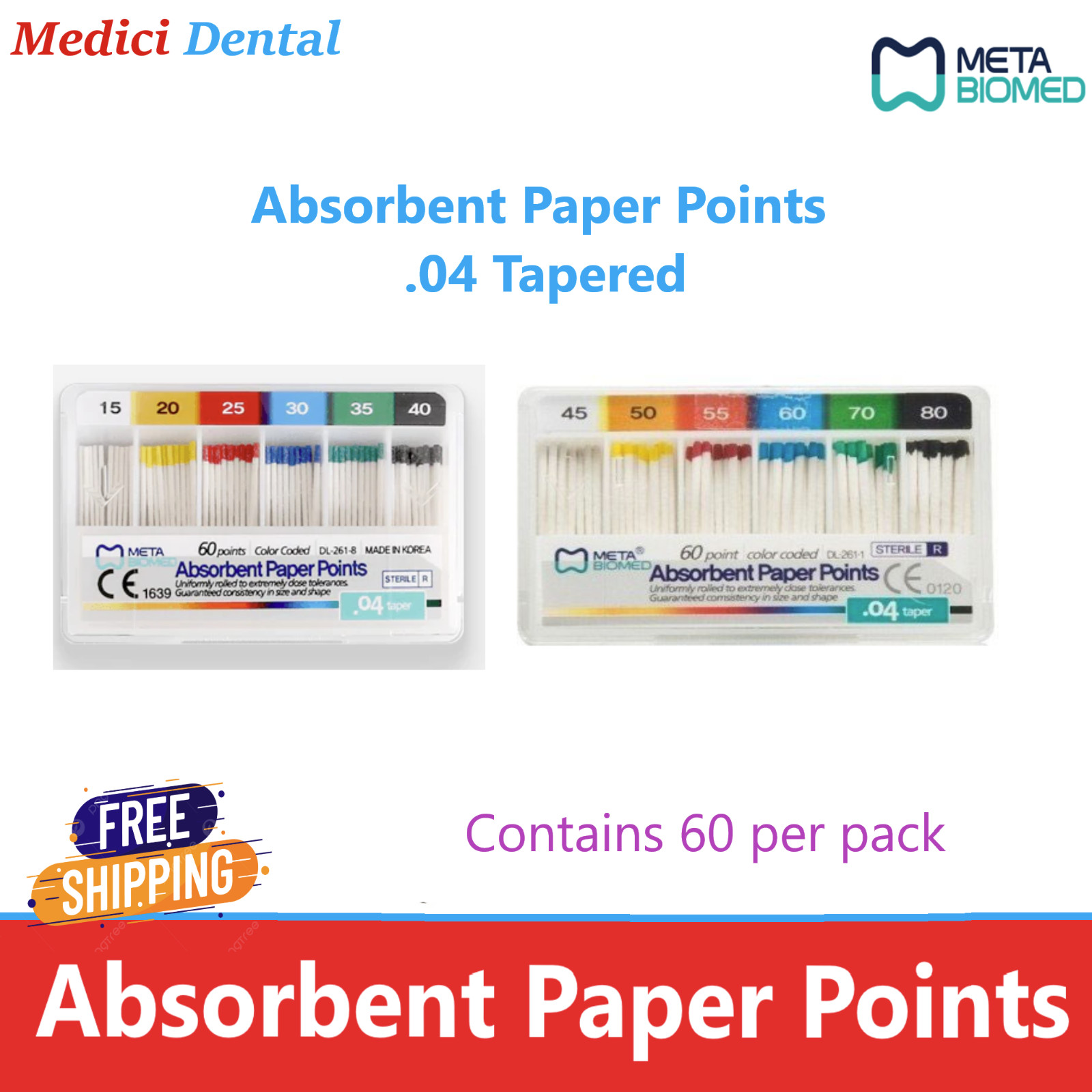 Dental Endodontic Taper .04 or .06 Absorbent Paper Points, CHOOSE SIZE, 60/pk.