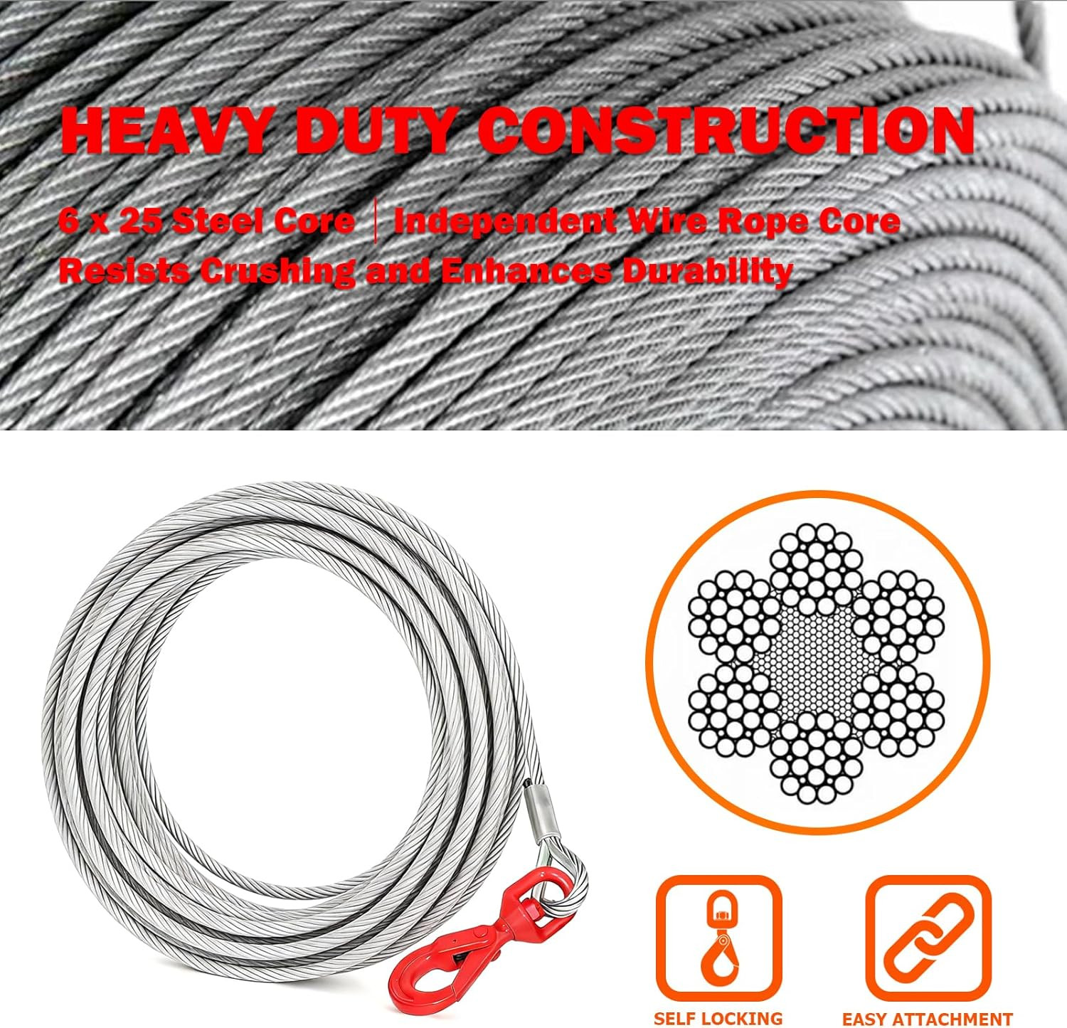3/8″ X 75′ Wire Cable, Heavy Duty Galvanized Steel Winch Cablewith Self-Locking