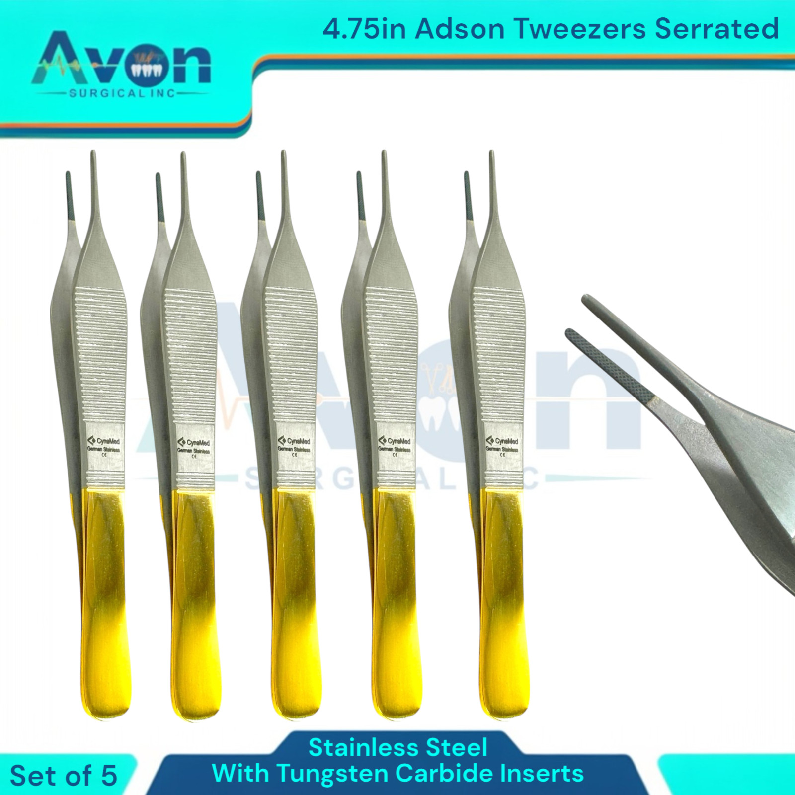 Premium Adson Thumb Serrated Tweezer Forceps, 4.75″, TC Insert Jaw – Gold Handle
