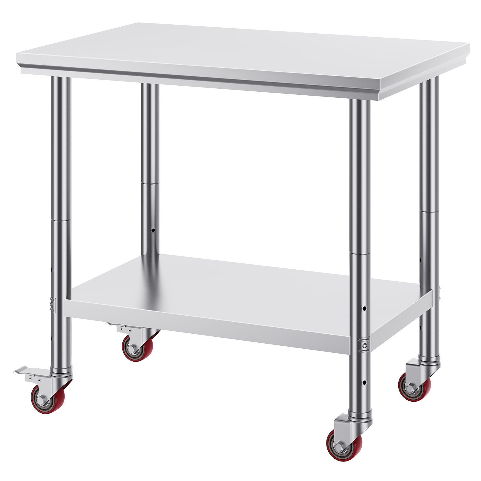 SUS201 Stainless Work Table 35″x24″, 700lb Load, Adjustable Shelves, Casters