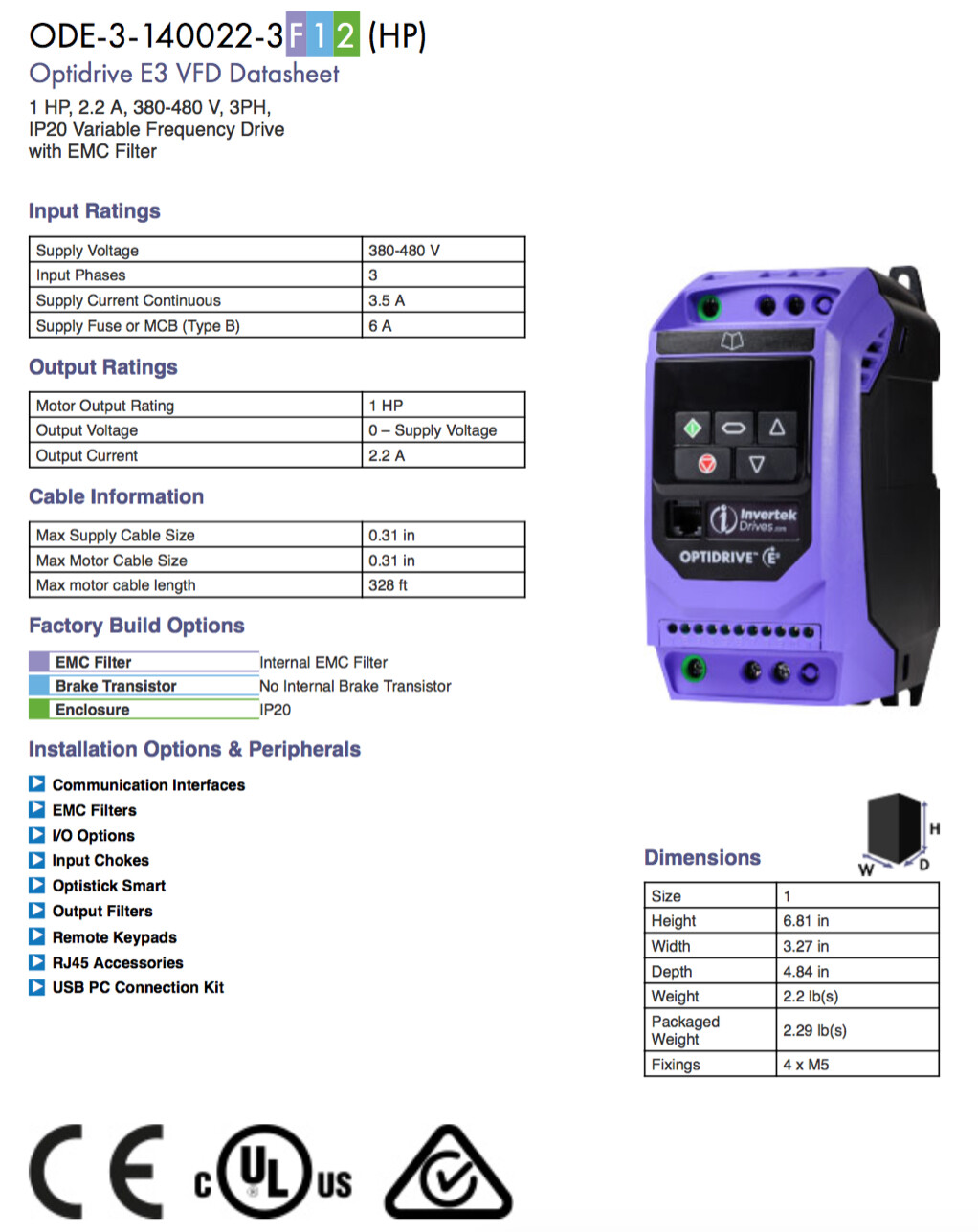 ODE-3-140022-3F12 – Invertek VFD – 1HP 2.2A 380V-480V 3Ph/3Ph – VFDexchange