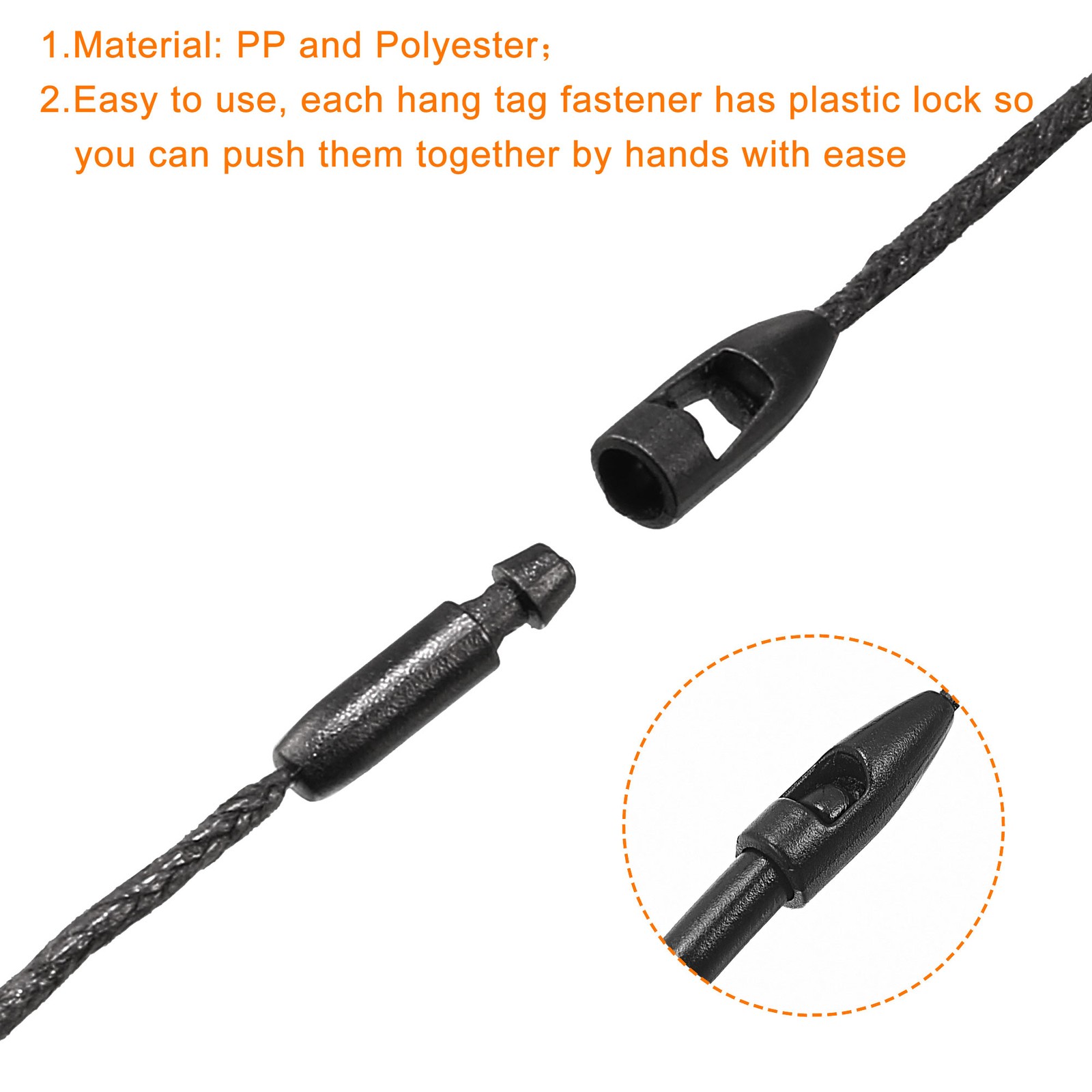 100Pack Wax Rope Hang Tag String Snap Lock Price Tag Fastener Ties Black 7.8″