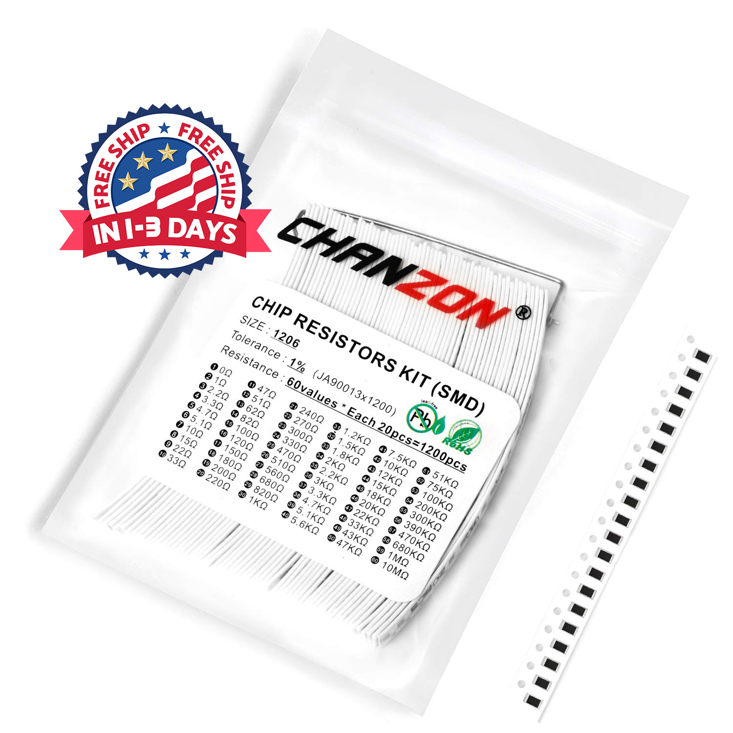 Kit de 1200 resistencias SMD 1206 de 0 a 10 MΩ y 60 valores 1/4W 0.25W ±1%