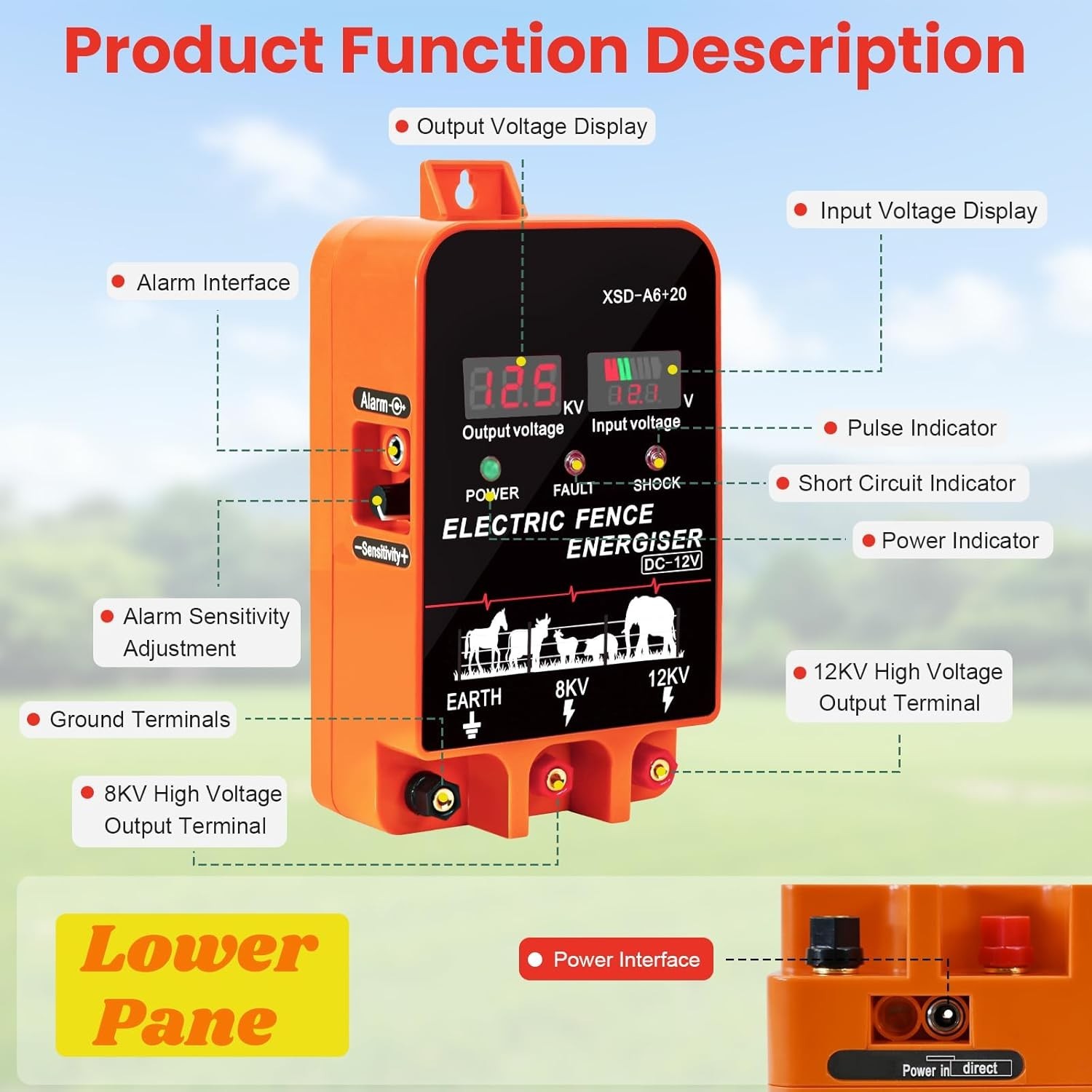 9J Electric Fence Charger Energizer, 9 Joules 400 Acres, AC DC 2 in 1 Powered Su