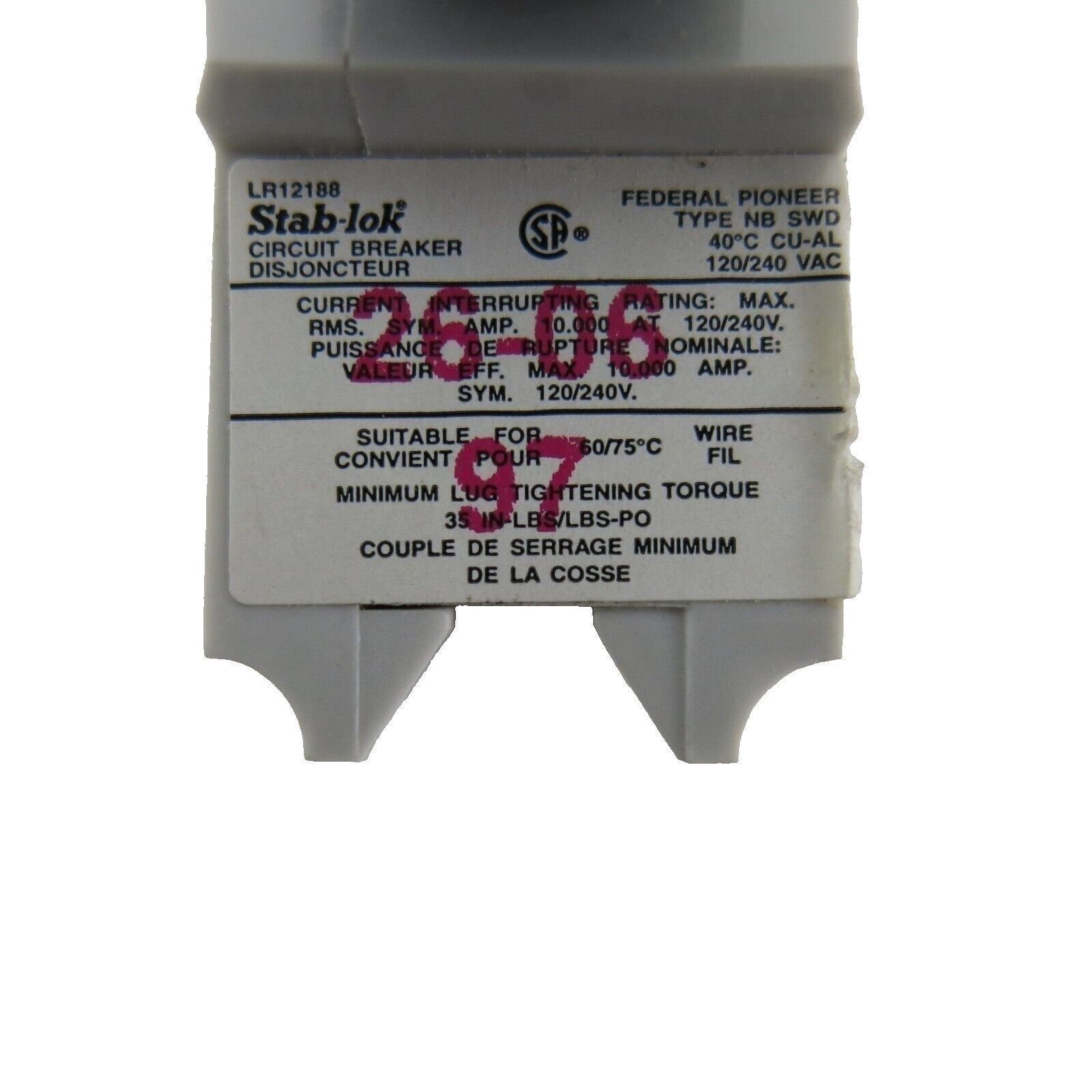 Circuit Breaker Federal Pioneer Type-NA 20 Amp Stab-Lok LR12188