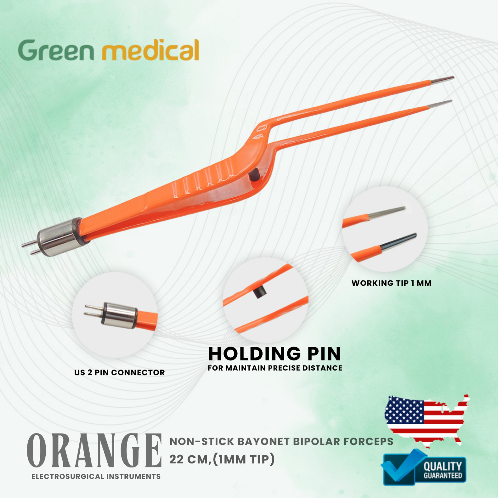 Non-Stick Bipolar Forceps Us Connector 2 pin, 22cm Working Tip 1mm