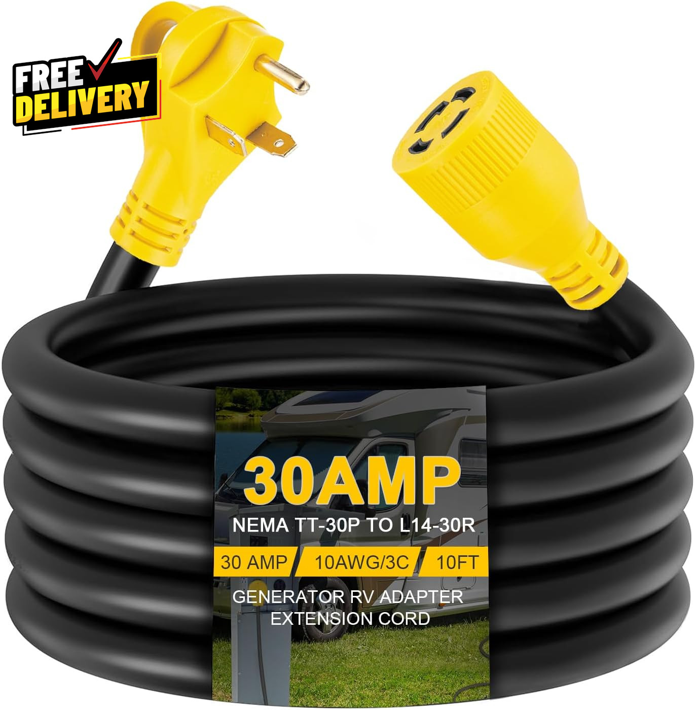 10Ft Generator Transfer Switch Adapter Cord NEMA TT-30P to L14-30R, 3 Prong 30 A