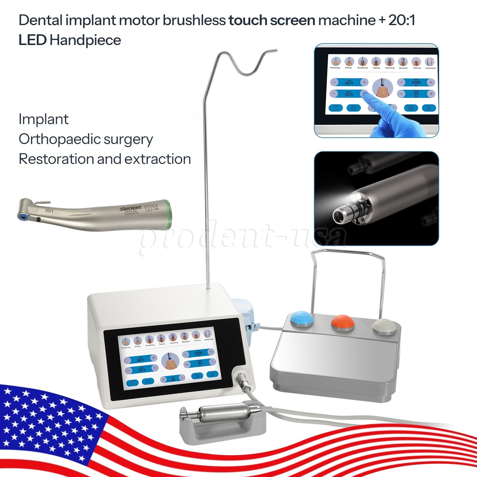 Dental Surgical Brushless LED Implant Motor System Touch Sreen&20:1 Contra Angle