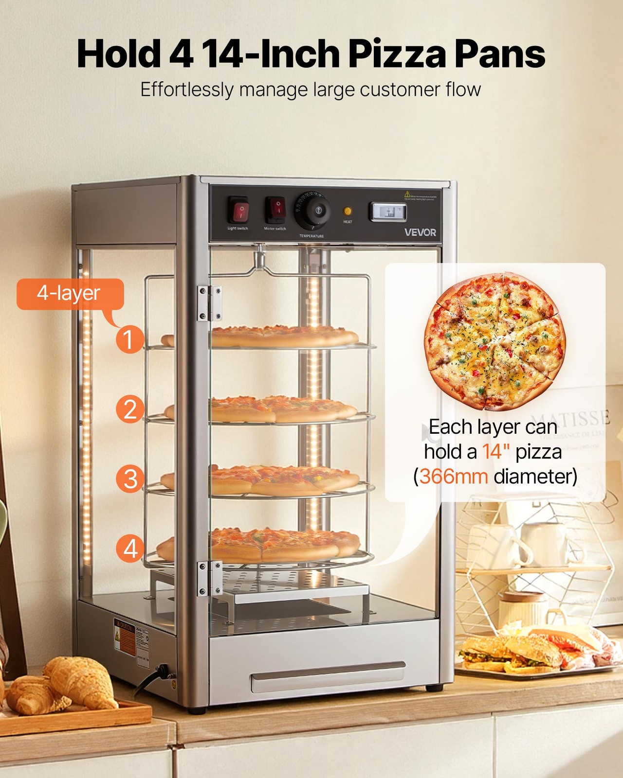 VEVOR Food Warmer Display 14 in Pizza 4-Tier Commercial Pizza Warmer Electric