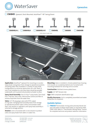 WaterSaver EW849R (Right Handed) Deck Mounted Laboratory Eye Wash Faucet