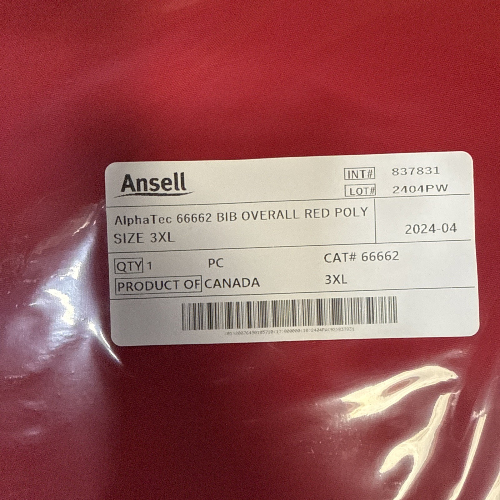 Ansell 66-660 Lab Jacket, Polyester, Zipper, Red, 3Xl
