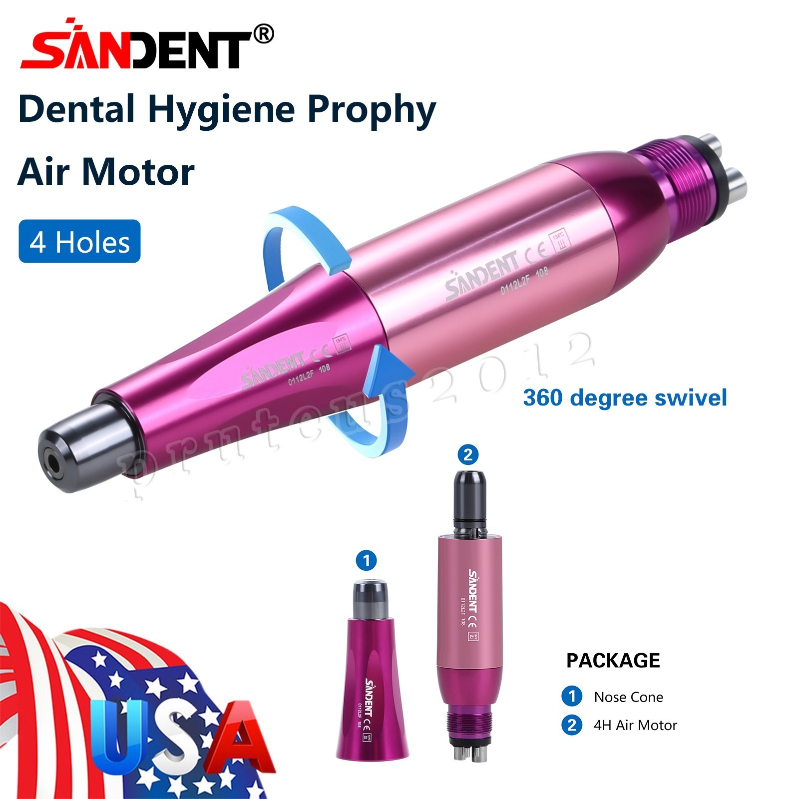 Dental Hygiene Prophy Handpiece Air Motor 4 Holes 4:1 Nose Cone 360°Swivel Pink
