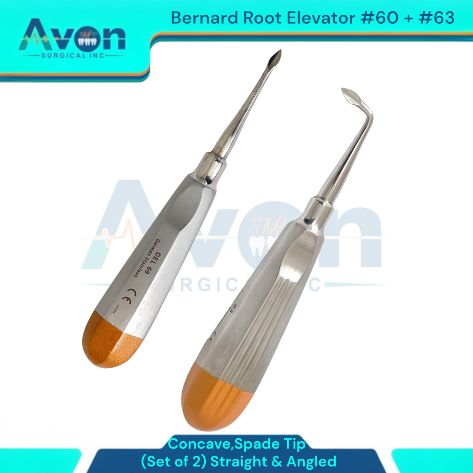 Spade Tip Bernard Root Elevator Pick, #60 Str + #63 Angled, Hollow Handle – 2PK