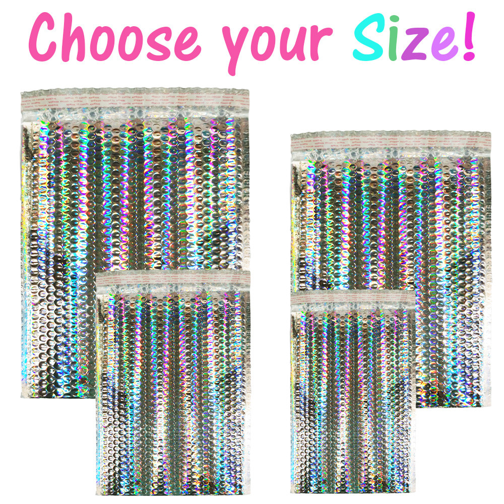 5X9″ 6X10, 8.5X12, 9.5X13″ Holographic Bubble Mailers, Metallic Padded Envelope