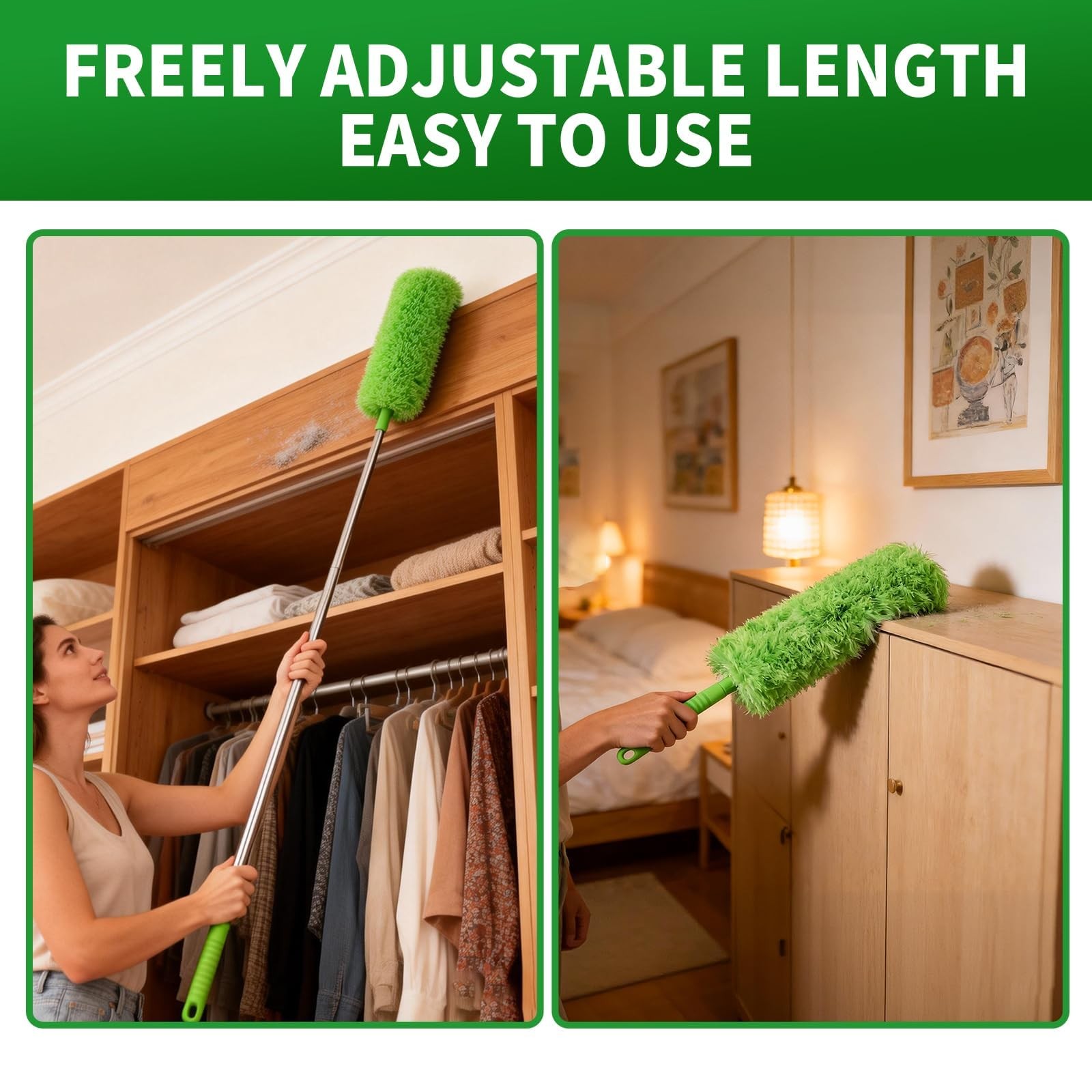 Cobweb Duster with Extension Pole, Washable Cleaning 110 inches, Green