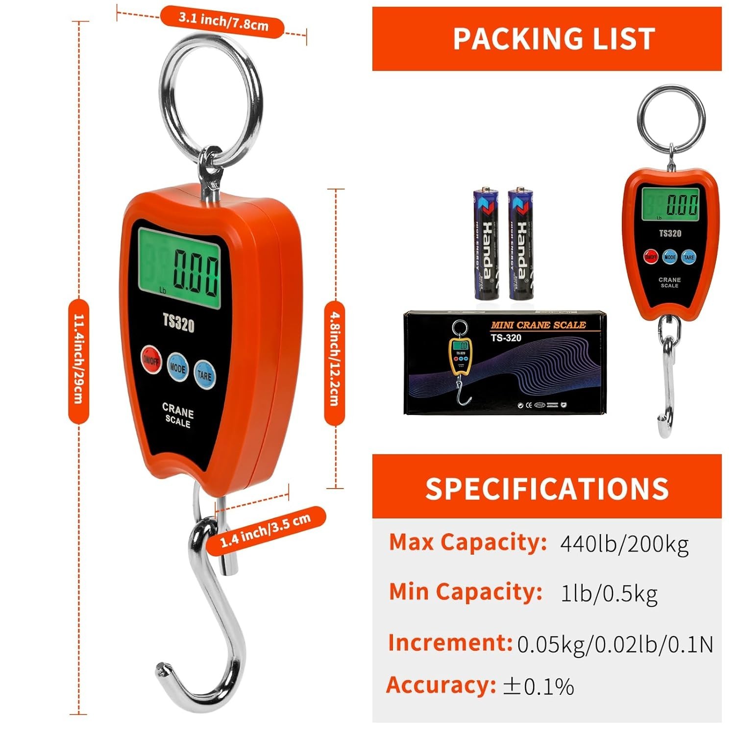 Digital Crane Scale 300kg/660lbs 200kg/440lbs with LED Handheld Mini Hanging …