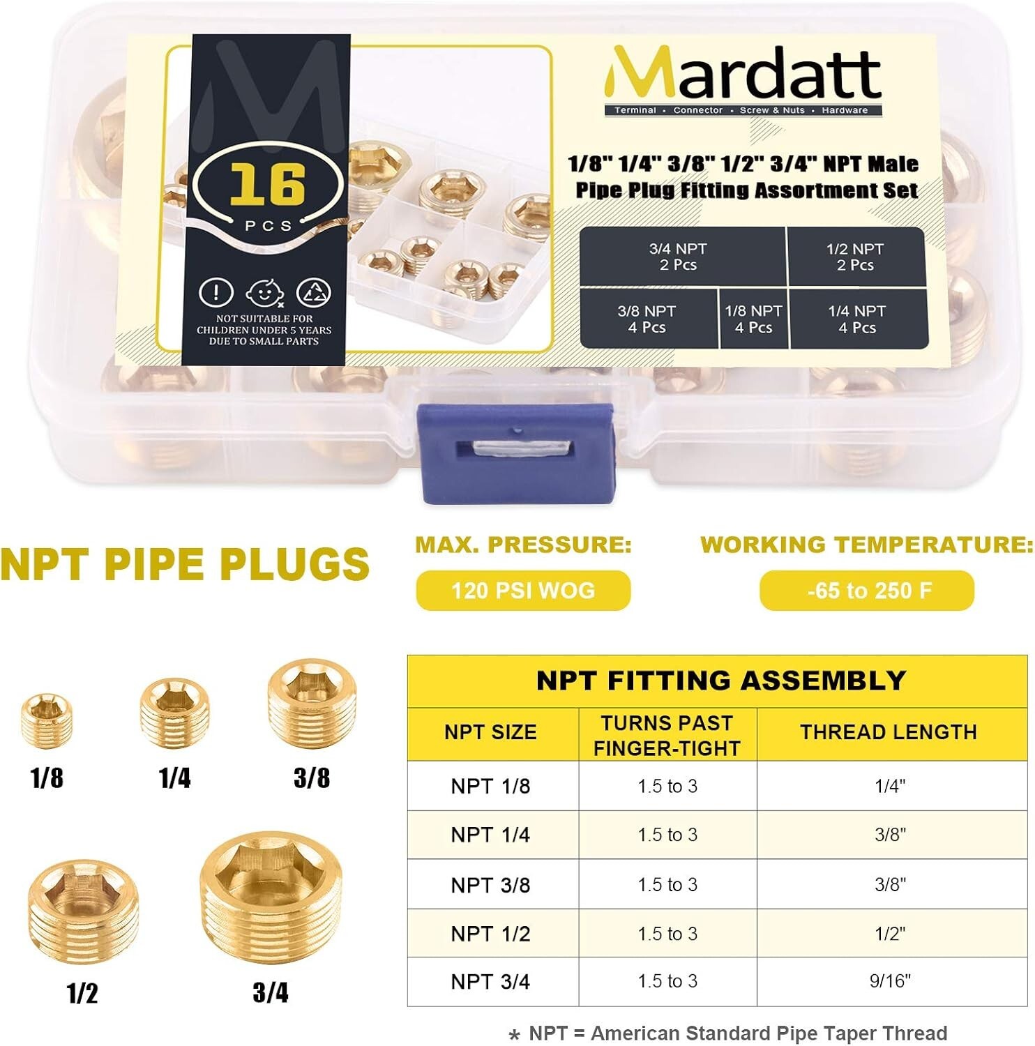 16Pcs Brass NPT Plug Assortment Kit 5 Sizes1/8″ 1/4″ 3/8″ 1/2 «3/4» Internal hex