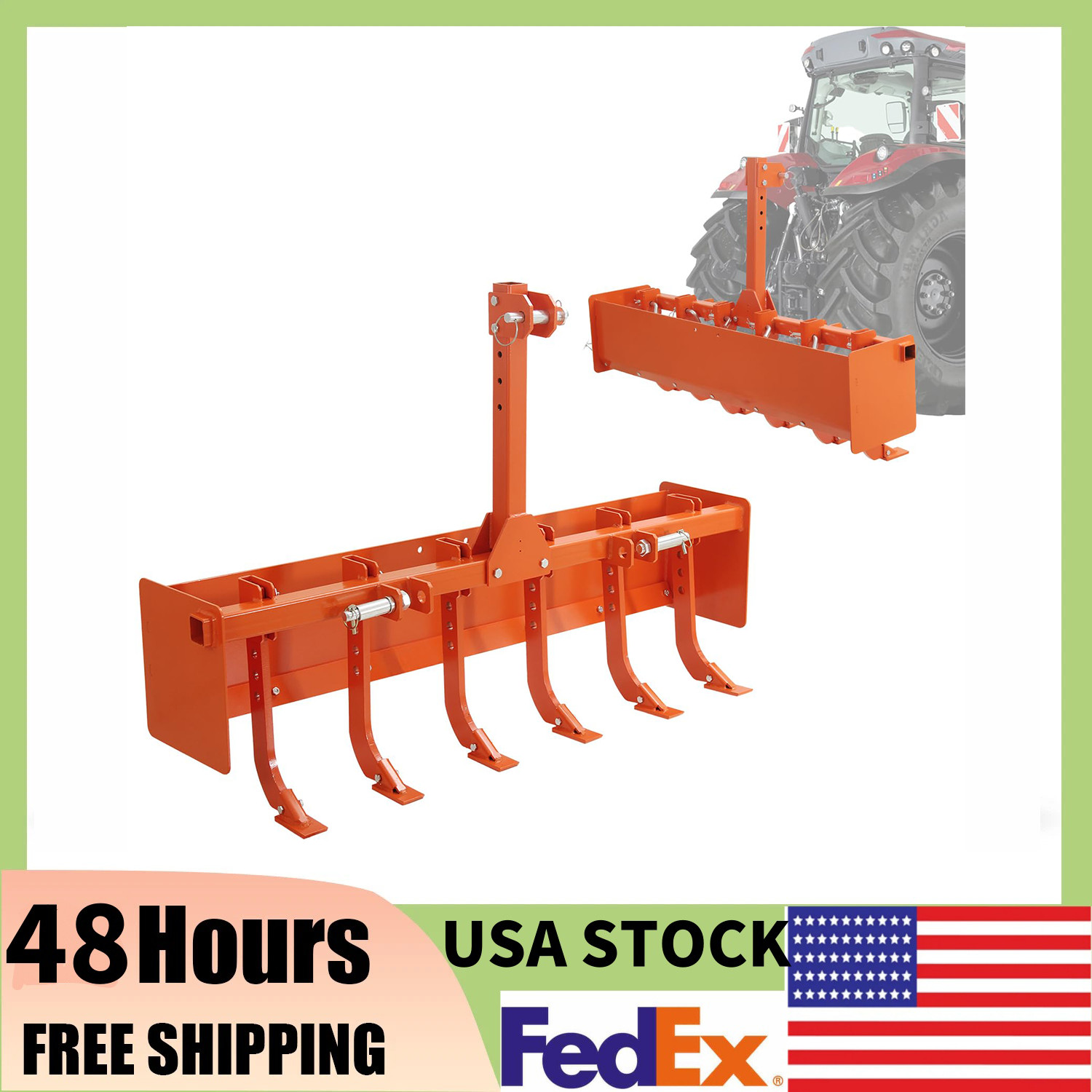 Powder Coated Steel 55IN Box Blade Scraper W/6 Scarifier Shank For Cat 0 & Cat 1