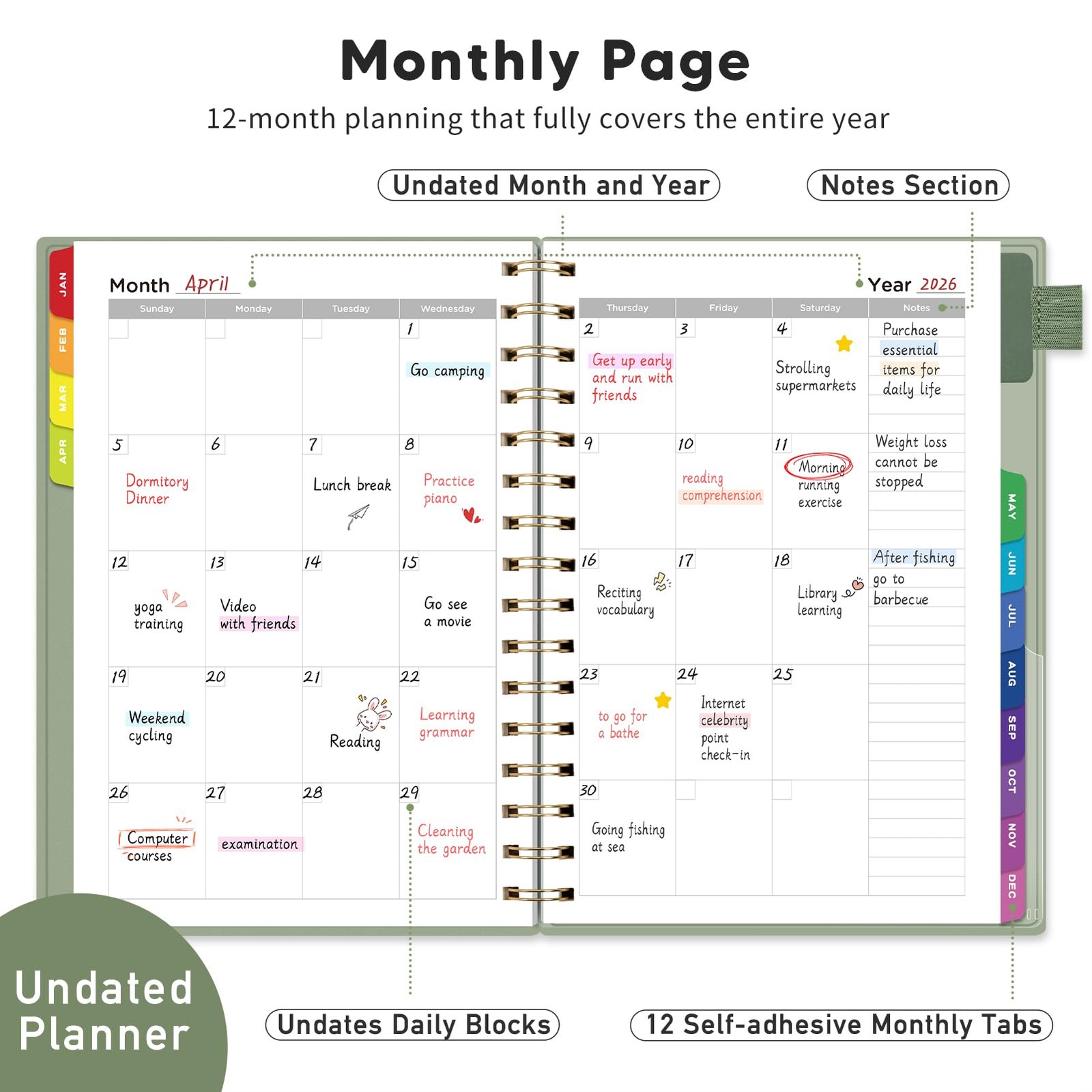 Undated Planner, Weekly and Monthly Calendar, 53 Weeks and 12 Months, A5 (6.3…