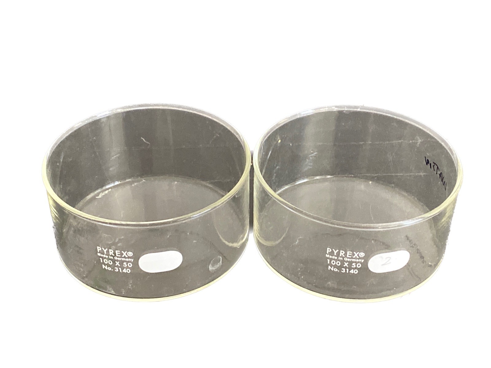 Used (2) CORNING PYREX Glass 100x50mm 340mL Crystallizing Dishes 3140-100