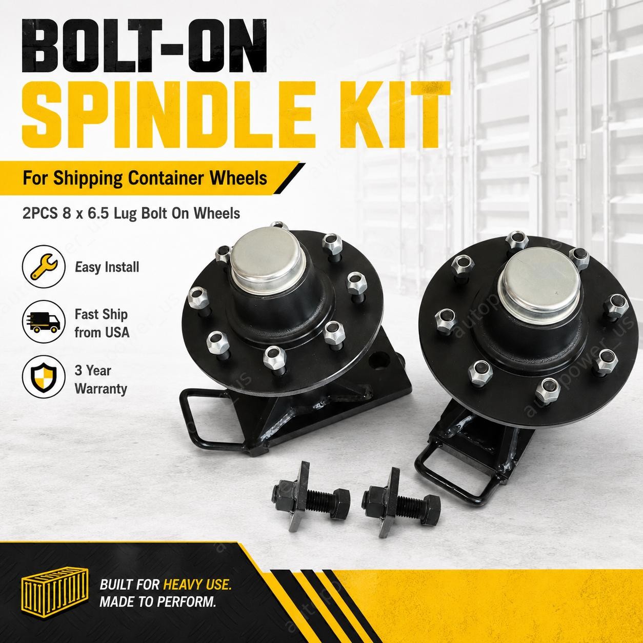 8 x 6.5 Lug – 9000LB Shipping Container Wheels Bolt-on Spindle Kit Pair