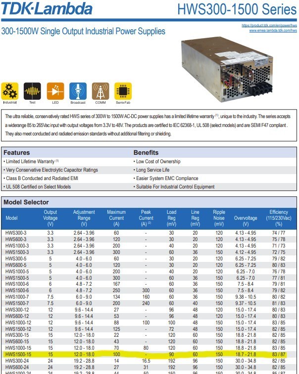 TDK-Lambda HWS1500-15 EHFP Switching Mode Power Supply Module 15V 100A