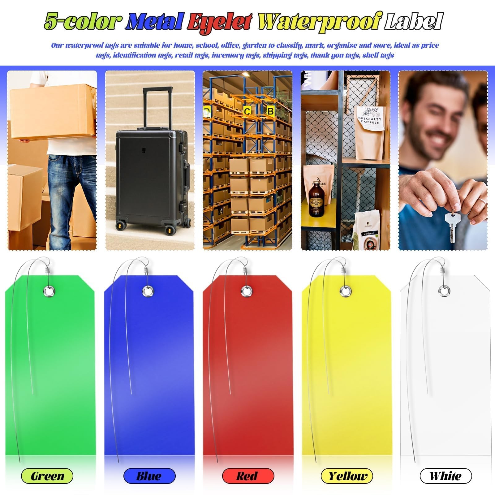 100 Pcs Plastic Tags with Wire 4.72 x 2.36 inch, Red Yellow Blue Green White