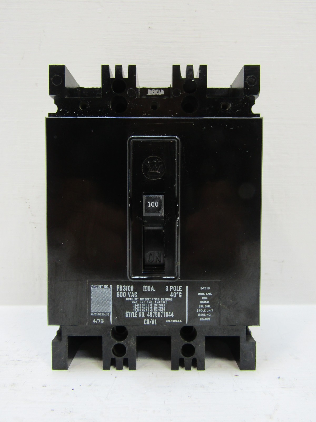Westinghouse FB3100 100 Amp 600V 3-Pole Circuit Breaker 100A 4975D71G44