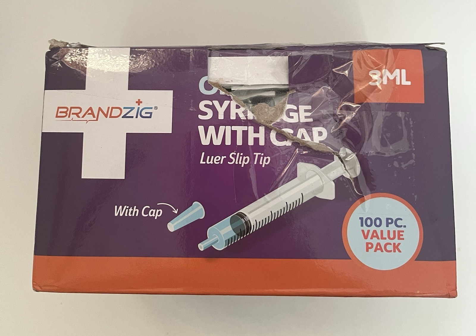 Brandzig Oral Syringe 3mL Luer Slip Tip w/Cap 100 Count Value Pack Damaged Box