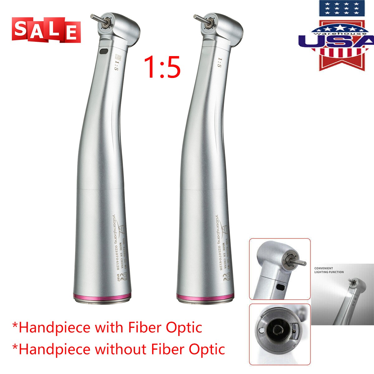Dental 1:5 Fiber Optic LED Contra Angle Handpiece fit NSK E-type Electric Motor
