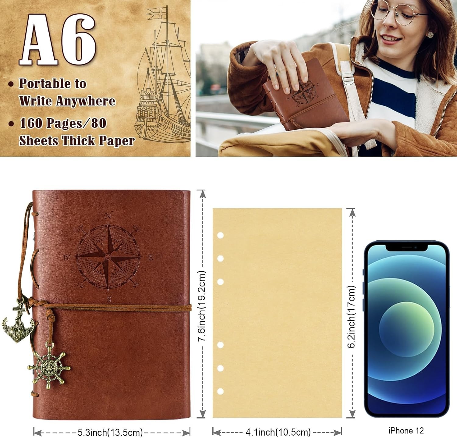 Leather Journal Notebook Black, Spiral Refillable Travel Diary 160 Pages