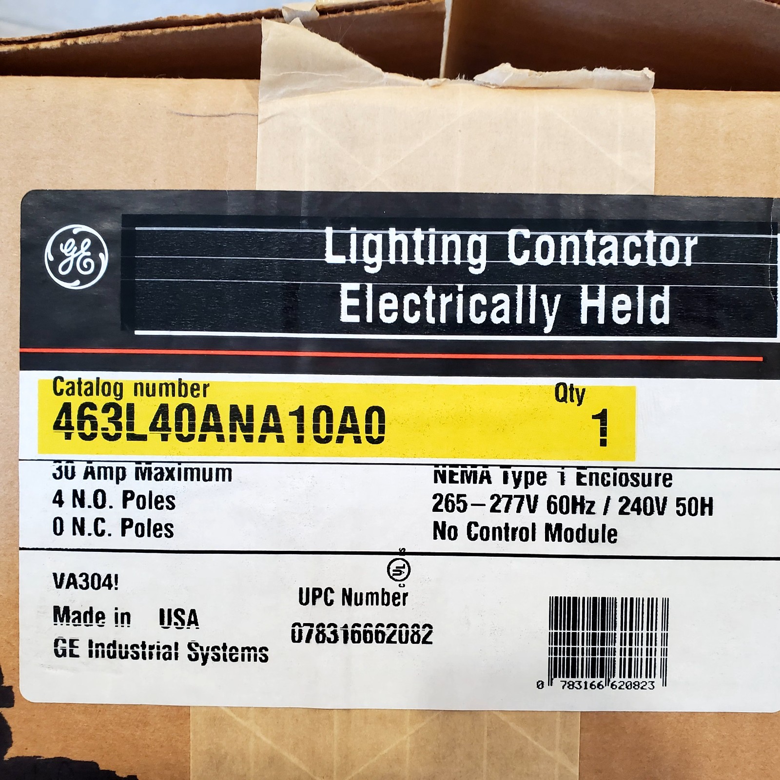 Ge 463L40ANA 10AO 277Vac Electrically Held Lighting Contactor 4P 30A