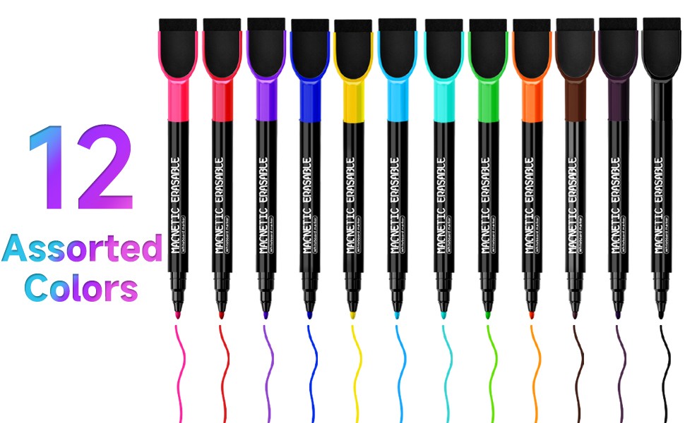 Magnetic Dry Erase Markers Fine Tip – 12 Colors Whiteboard Markers with Eraser