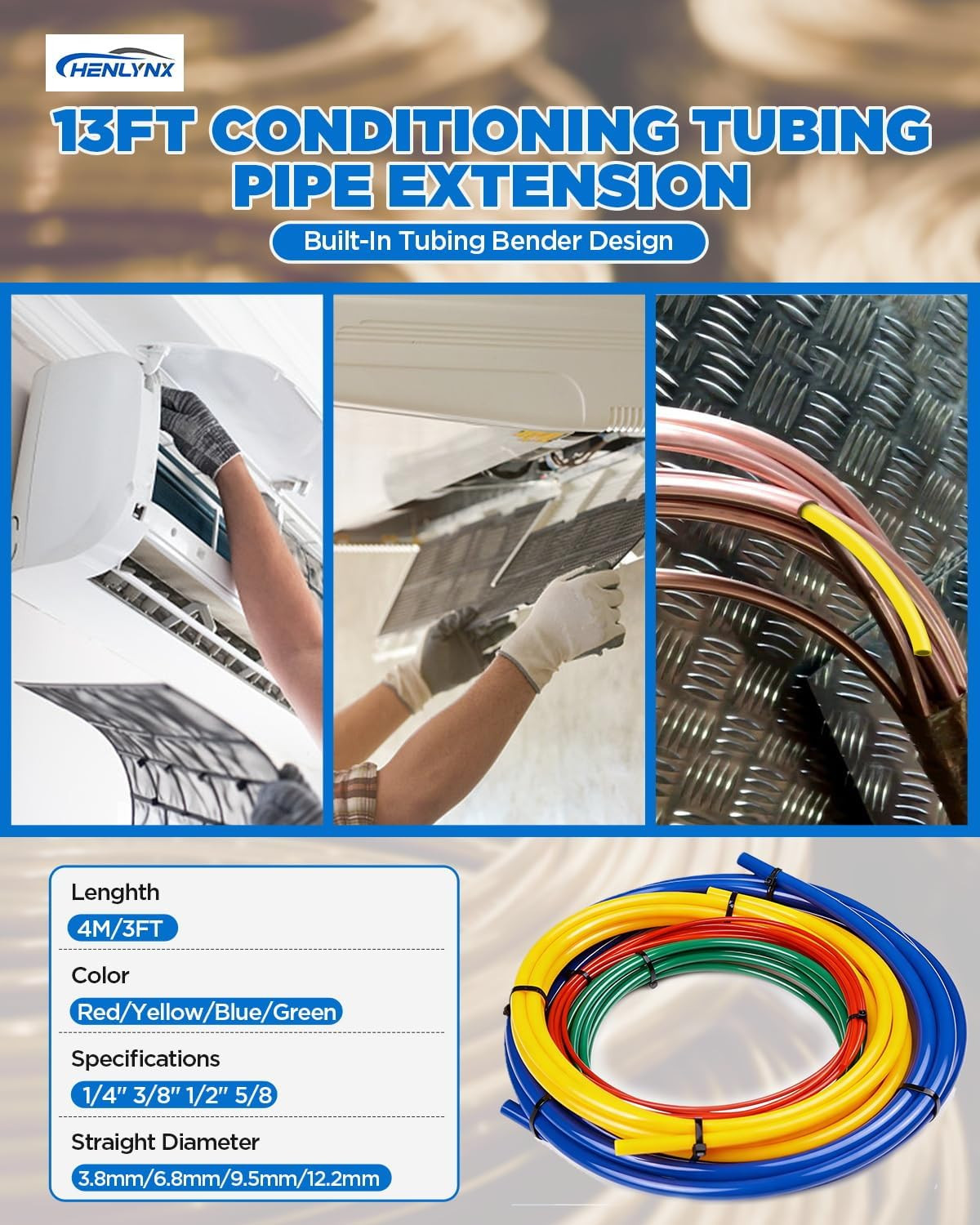 4PCS Copper Tube Bender Kit, 4M(13Ft) X 1/4″ 3/8″ 1/2″ 5/8″ HVAC Pipe Bending Sp