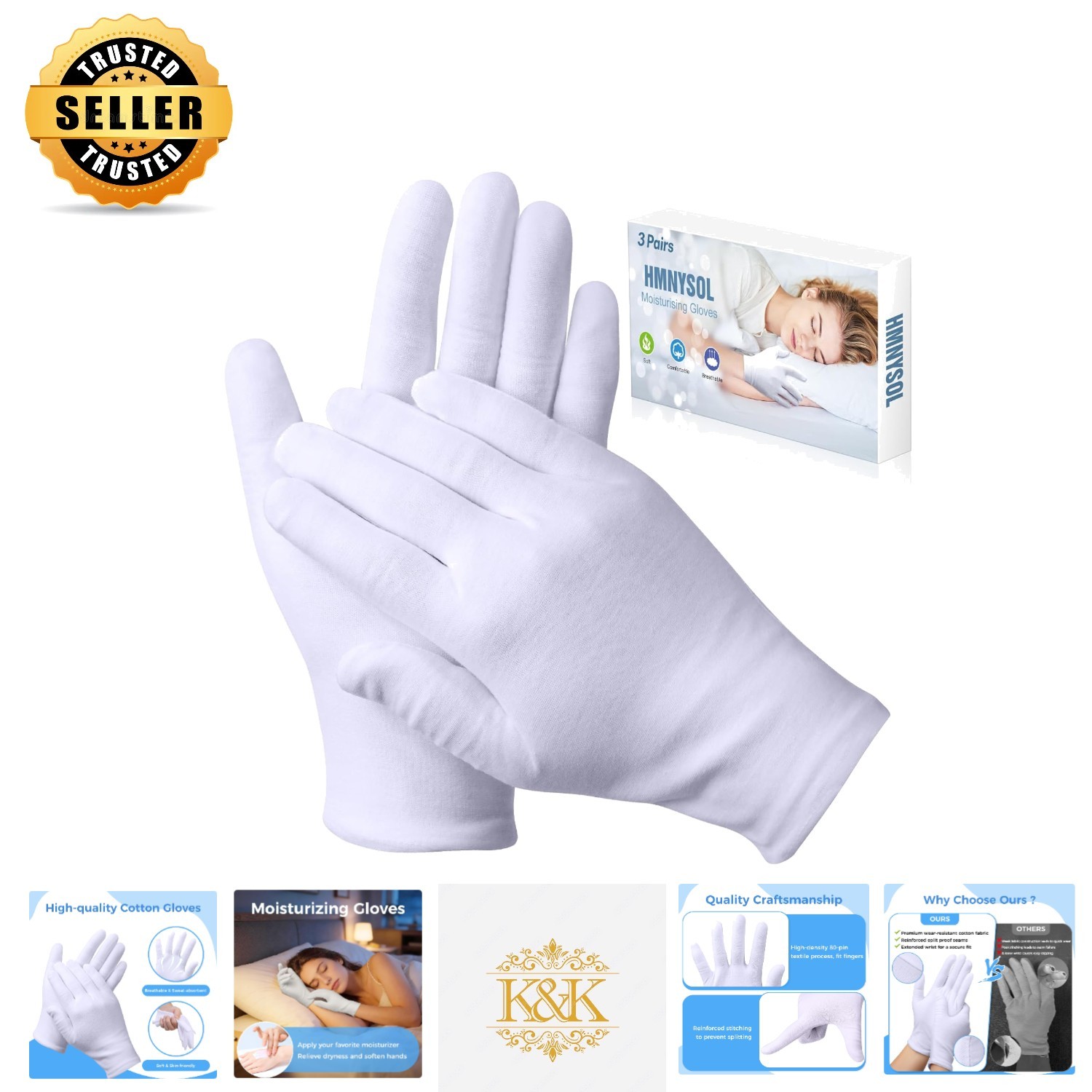 Gentle 100% Cotton Gloves for Dry Hands – 3 Pairs for Nighttime Moisturizing